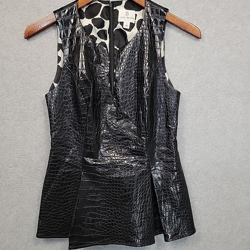 Julie Brown Sleeveless Peplum Top Black‎ Faux Croco Leather V-Neck Clubwear Sz 2